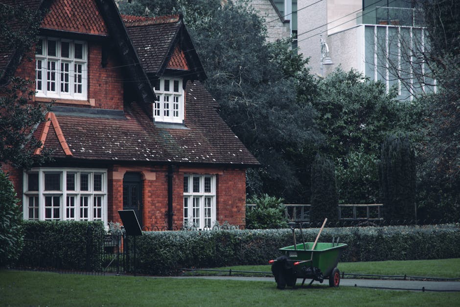 A blue wheelbarrow filled with freshly cut green plant cuttings, resting on a patch of grass with white dandelion seed heads. The wheelbarrow has a single black rubber wheel and metal handles, with a